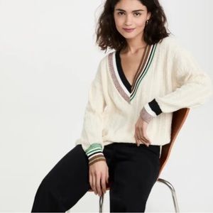 Veronica Beard Cream V-Neck Sweater with Striped Trim